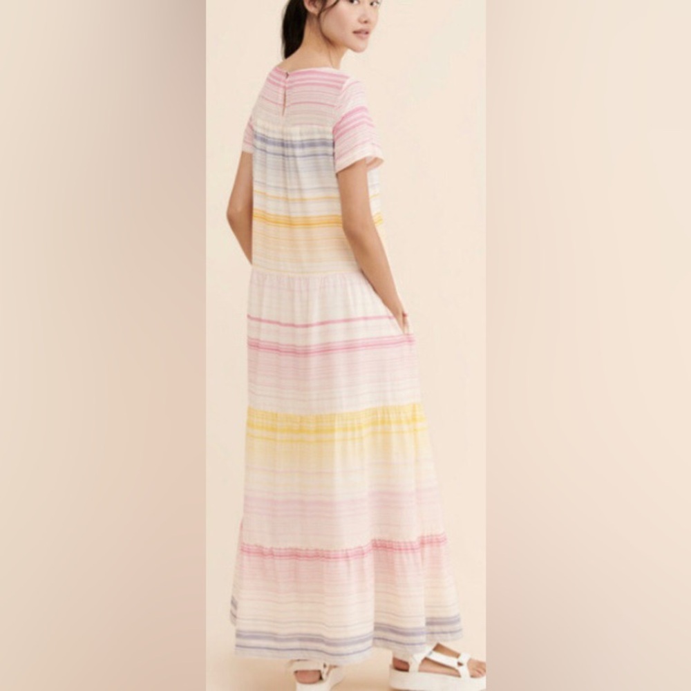 Anthropologie Tiered Short Sleeve Maxi Dress Small Pink Pockets Casual Oversized - Picture 2 of 12